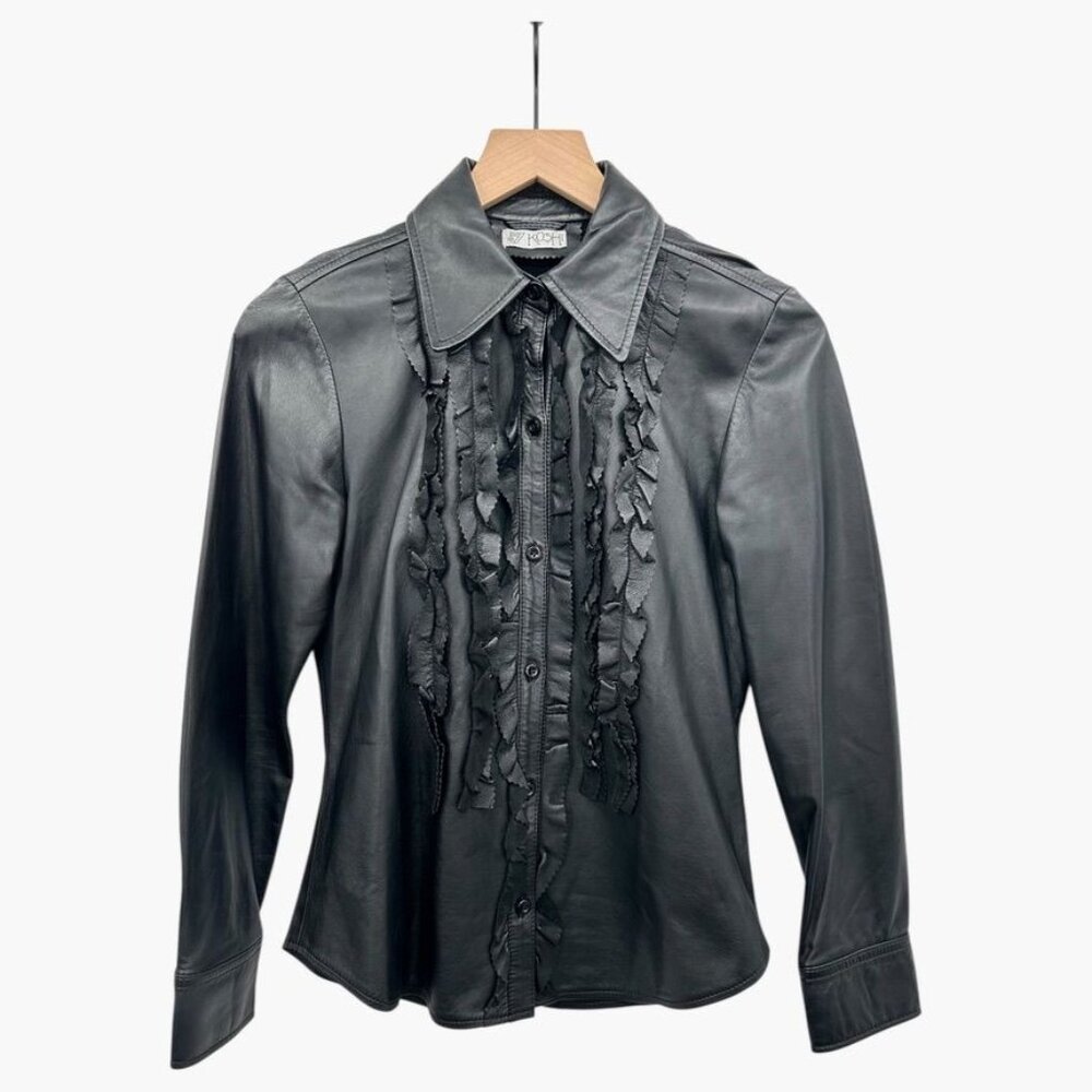 Vintage Tuxido Black Genuine Leather Ruffled Button-Up Shirt XS
